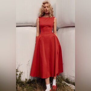 NEW Helsa Stretch Organic Cotton Sateen Midi Dress in Red | size S